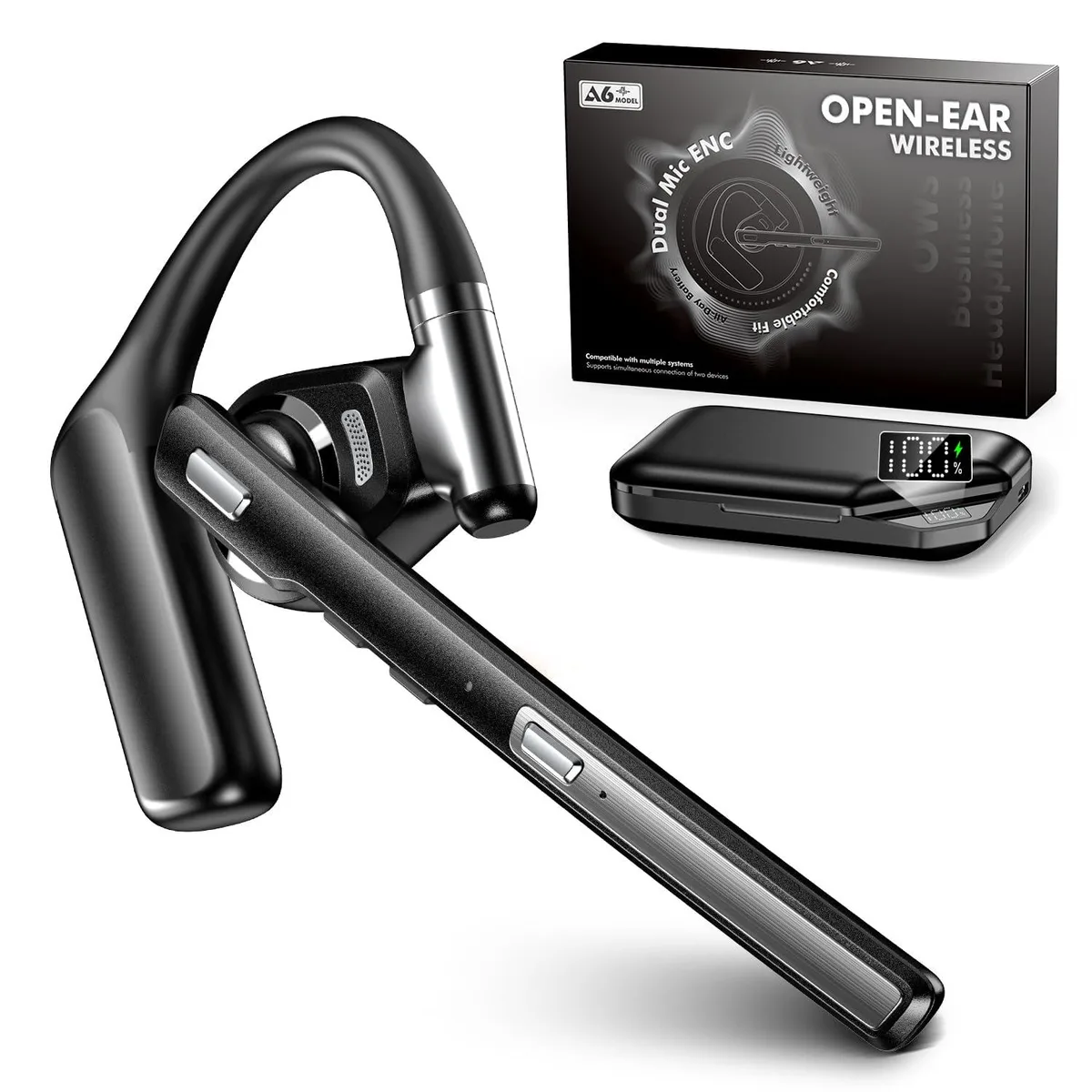 Black open-ear on-ear headset with charging case