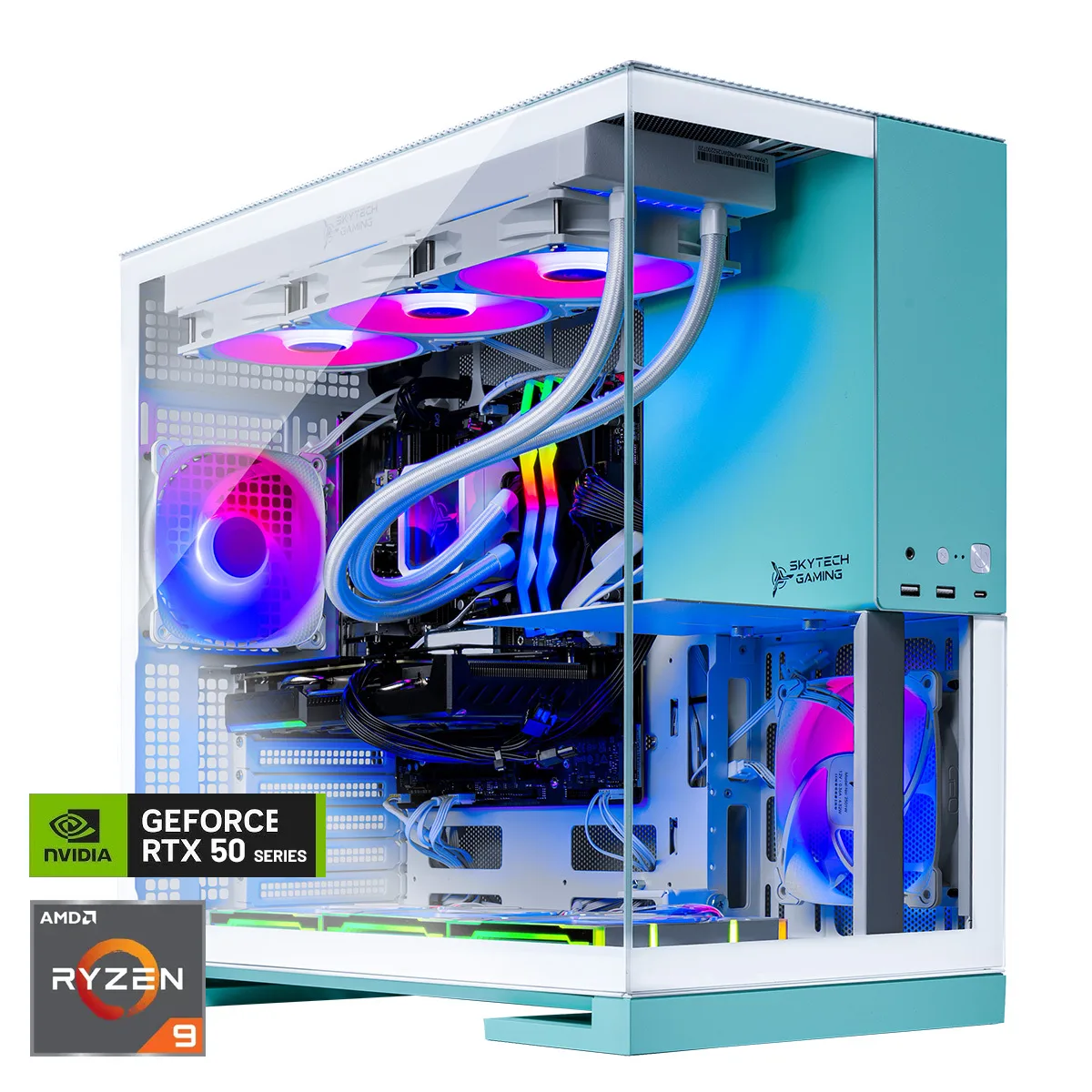 Skytech Skytech ST-AQUA-2033-BL-AL gaming PC Ryzen 9 9900X3D RTX 5080 32GB DDR5 2TB NVMe — product photo