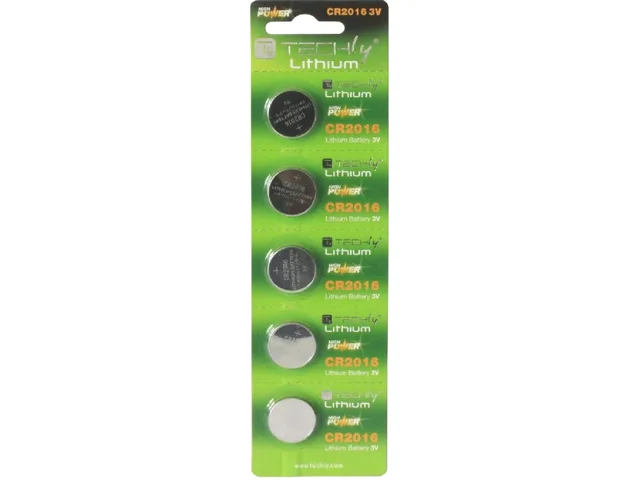 Five CR2016 lithium button cells in a blister pack