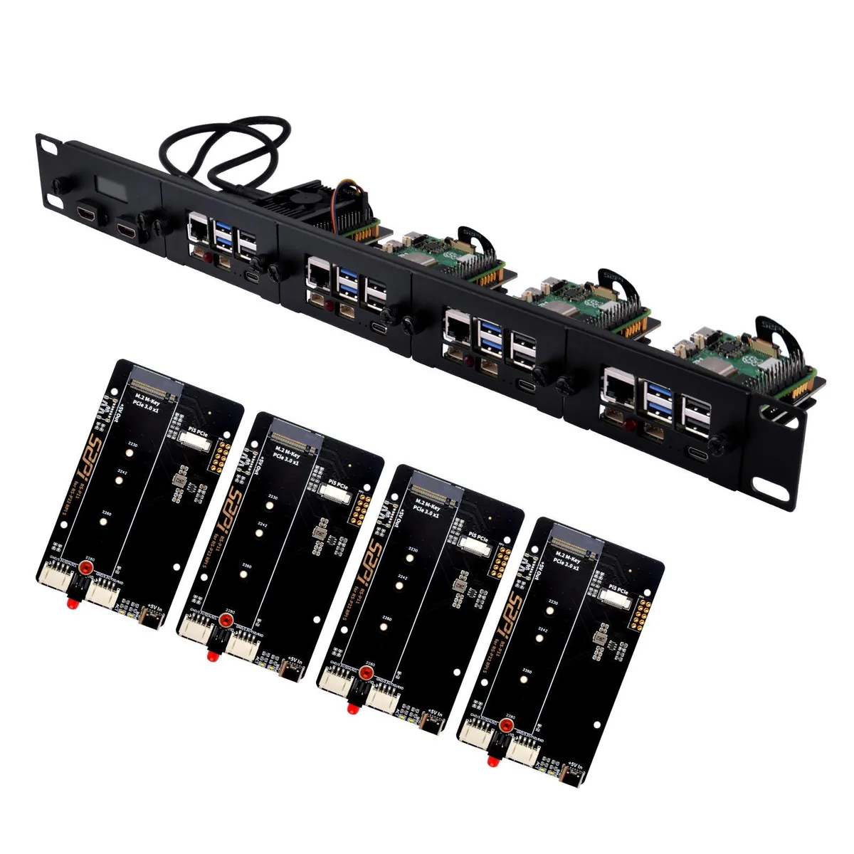 52Pi 52Pi 52Pi 19 inch 1U server rack for Raspberry Pi 5 with four NVMe adapters and 0.91 inch OLED — product photo