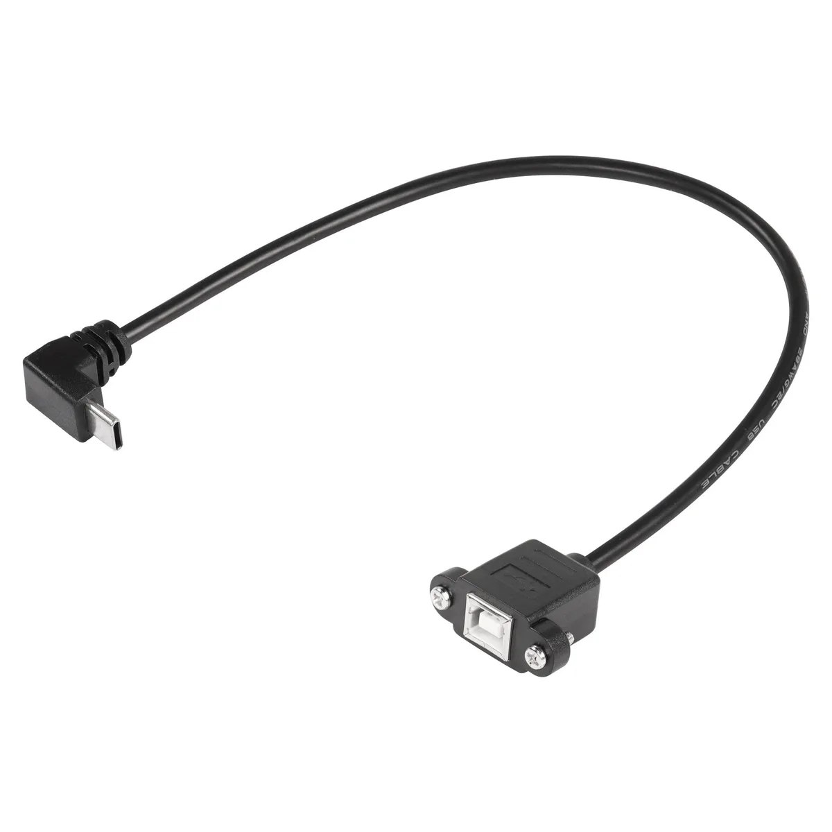 Short black USB-C male to USB-B female panel-mount cable with mounting bracket