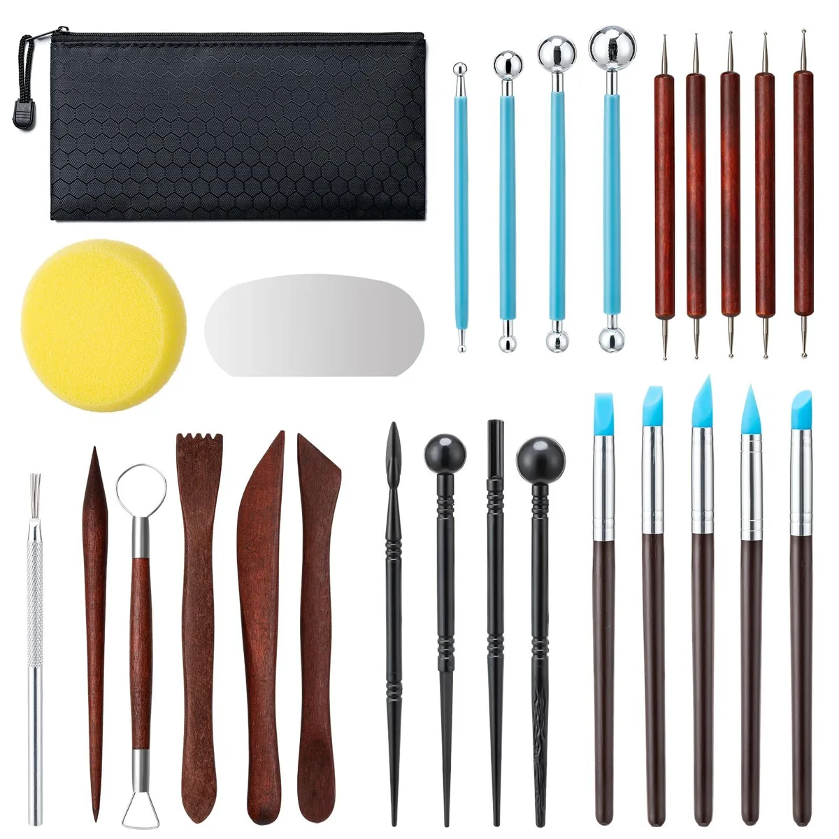 Red 27-piece clay sculpting tool kit in zipper bag