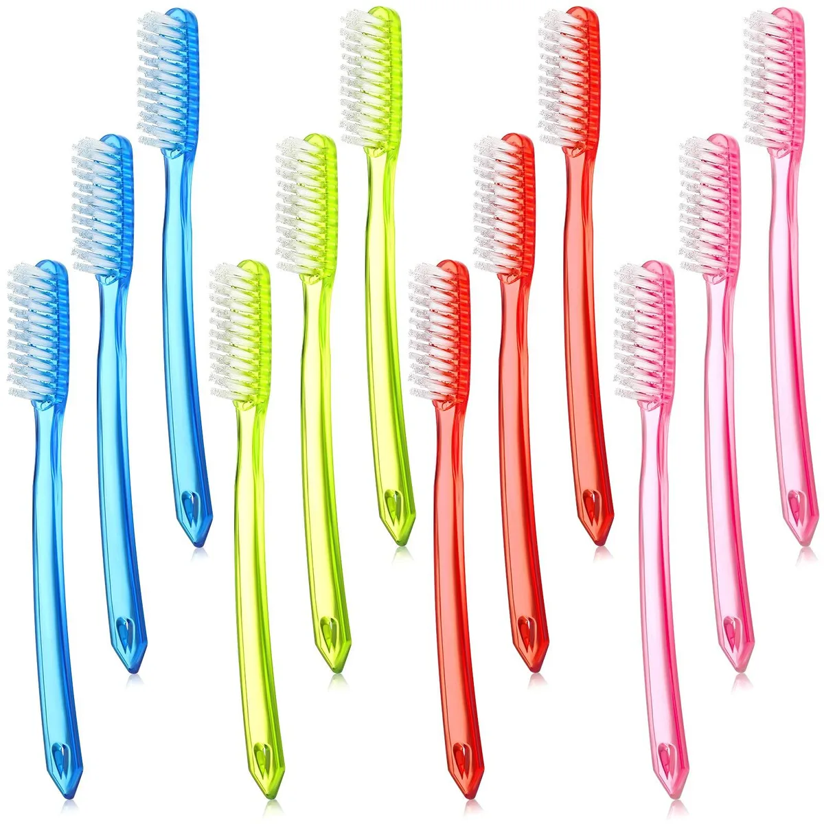 Twelve white manual toothbrushes with long bristles and non-slip grips in bulk packaging