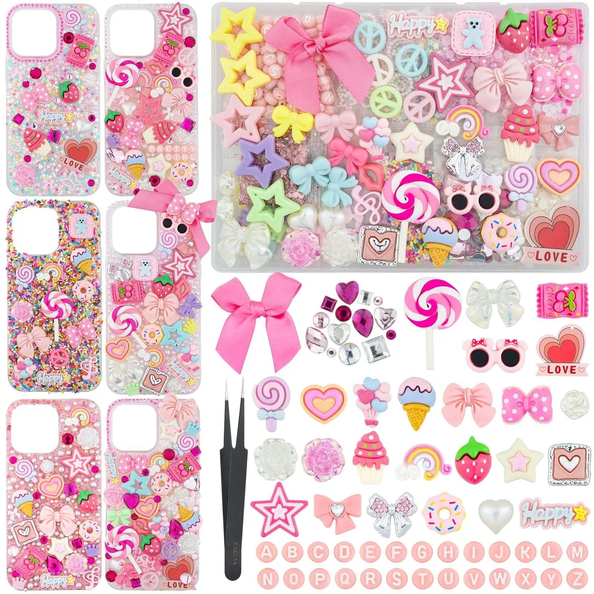 Pink kawaii charms, letter beads, rhinestones and flatback pearls in a 1430-piece phone case decoration kit