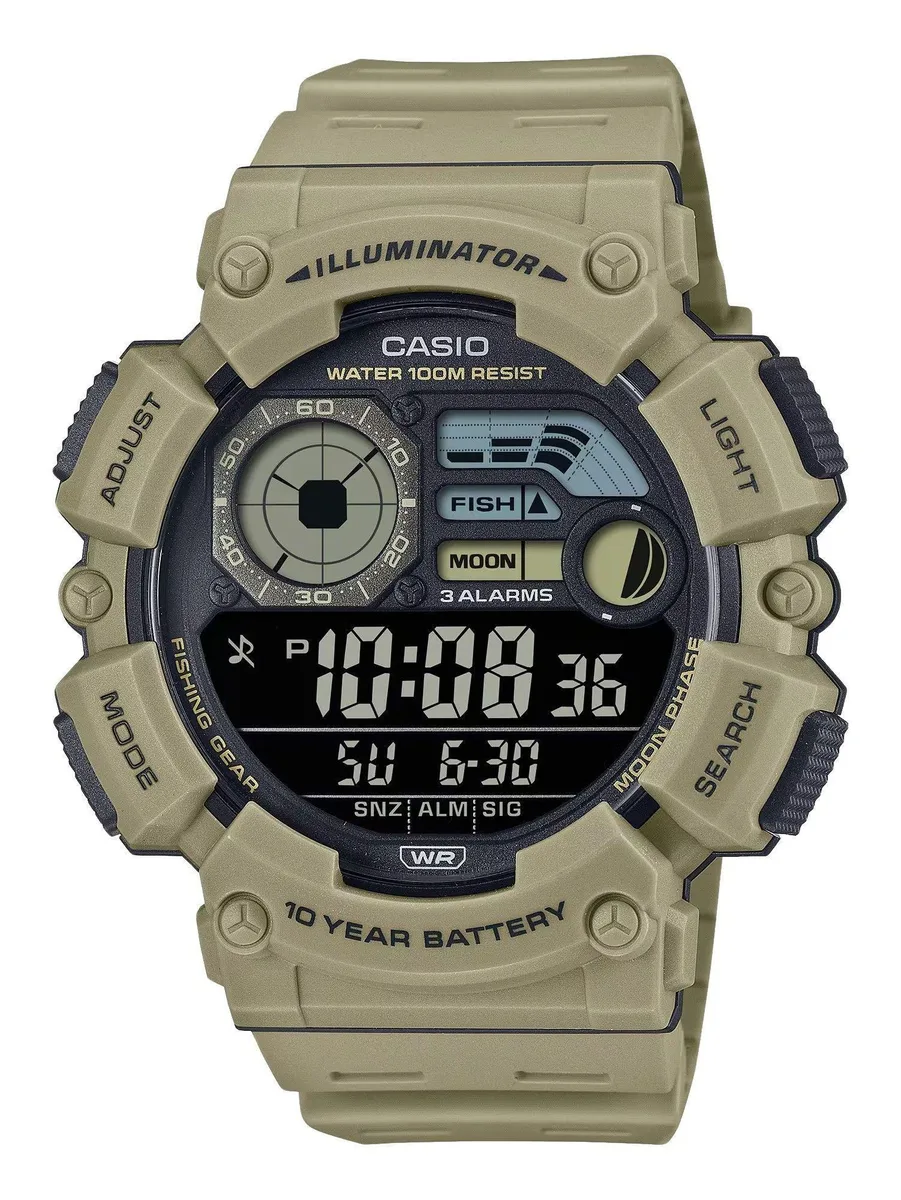 Round digital watch with brown resin case and strap, black dial, buckle clasp