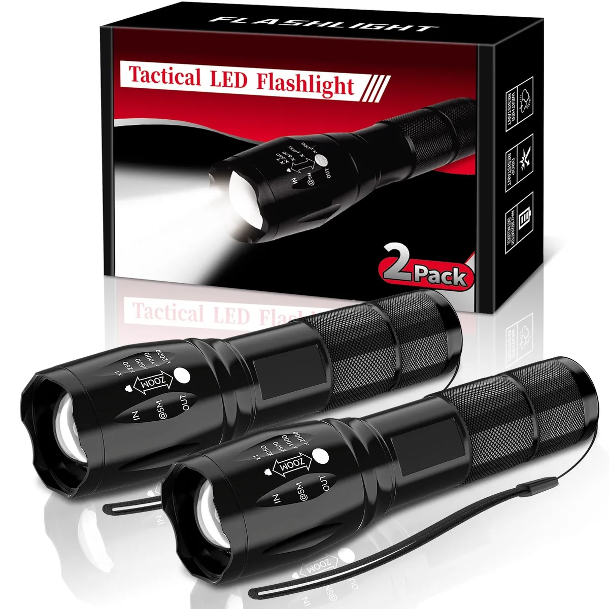 Two black aluminium mini flashlights with zoomable heads, lanyards and battery tubes