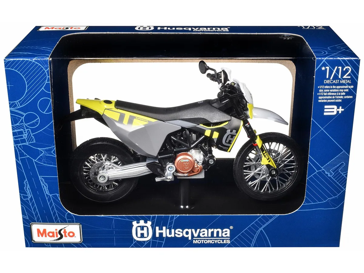 Maisto Maisto 2023 Husqvarna 701 Supermoto 1/12 Diecast Motorcycle Matt Black Gray Yellow White Accents — product photo