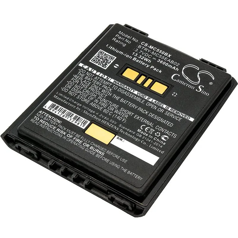 Rectangular black replacement battery pack with label showing compatible model numbers