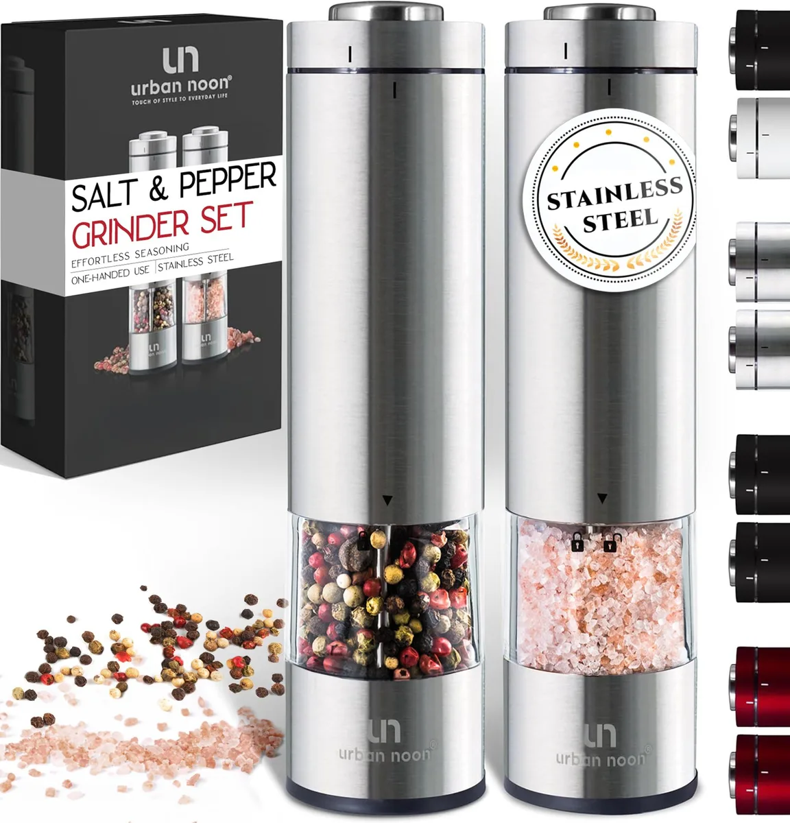  Meterk UN8 Electric Salt and Pepper Grinder Set (2 Mills) Stainless Steel Battery Operated — product photo