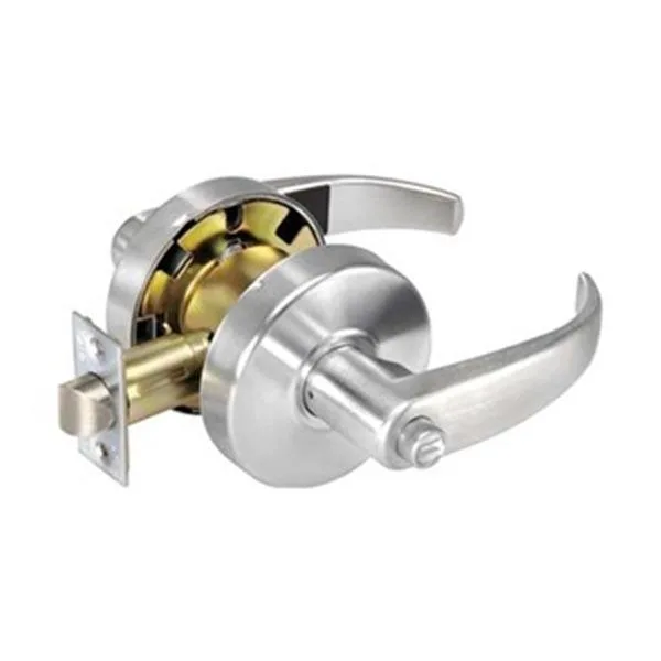 Curved dull chrome lever lockset on rose, privacy function, Grade 2
