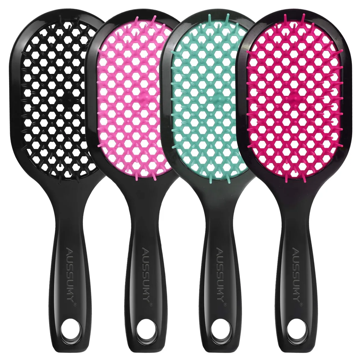 Four pink vented hair brushes with soft bristles, hollow lightweight design