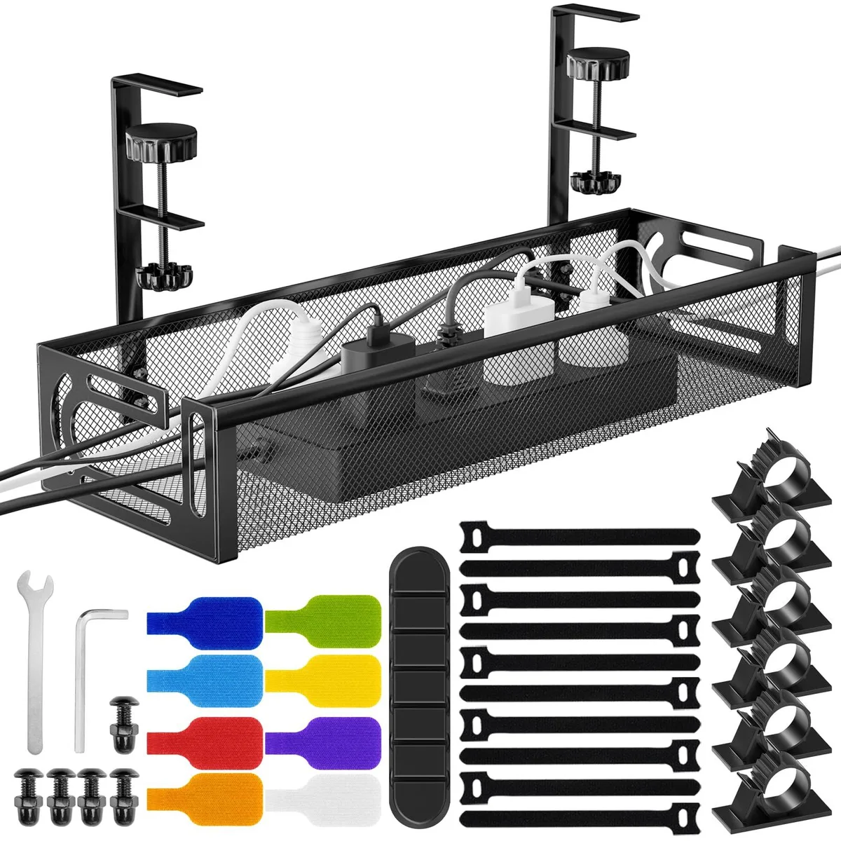 Black clamp-on steel cable tray, 15.7 inches long, mesh sides, open ends, with silicone pads