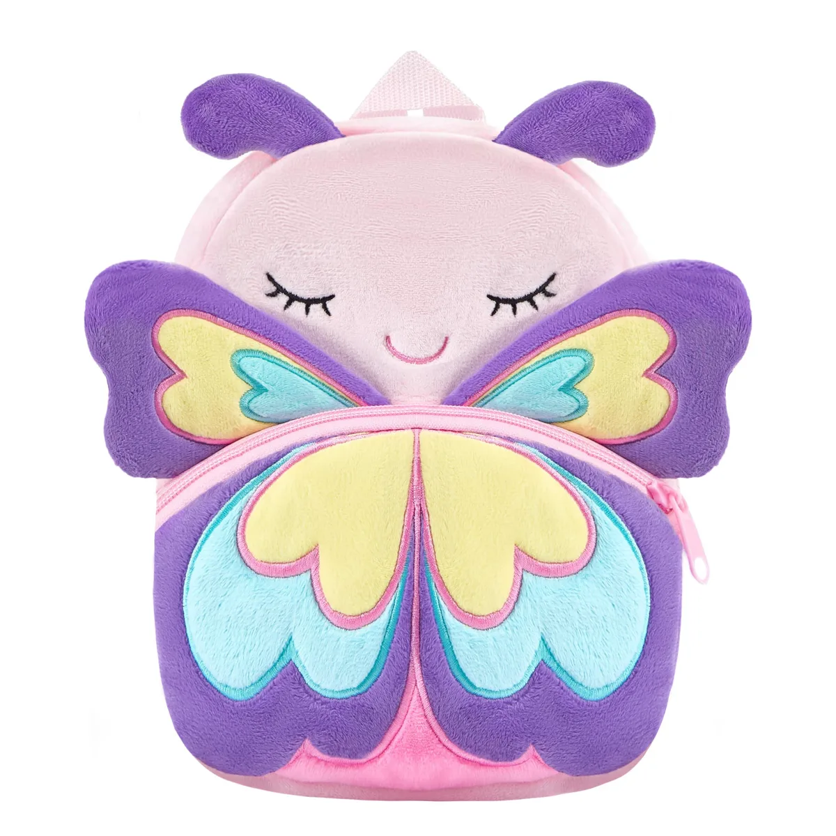 Purple toddler backpack, soft polyester shell, butterfly print, top handle and adjustable straps