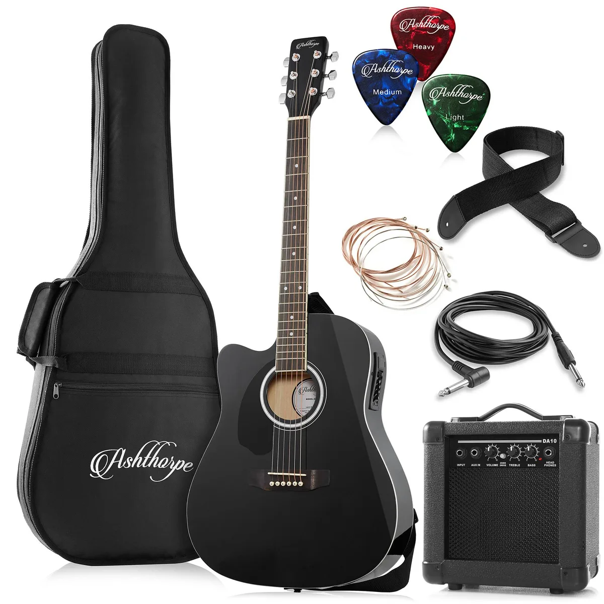 Ashthorpe Ashthorpe Left-Handed 41" Dreadnought Cutaway Acoustic-Electric Guitar Package with 10W Amp Black — product photo