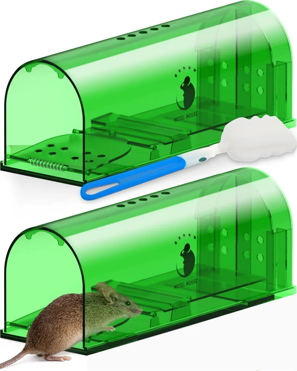 Two humane mouse traps in a pack, rectangular plastic boxes with ventilation holes and spring-loaded doors