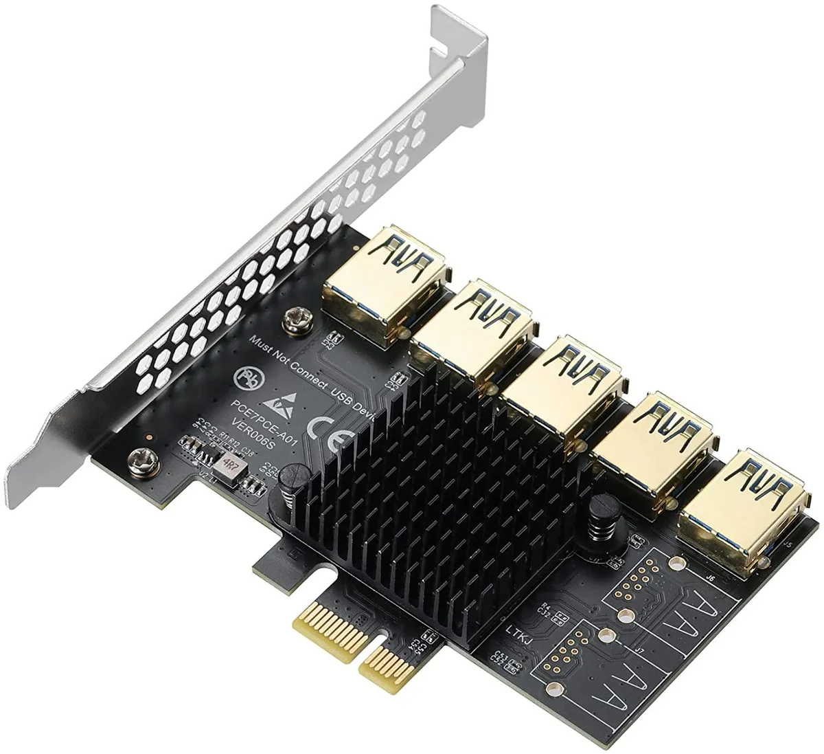 Black PCI-E card with five USB 3.0 ports and heatsink