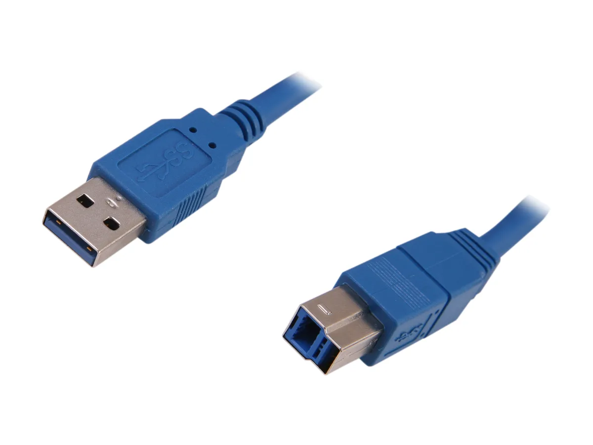 Blue USB 3.0 cable with Type A and Type B male connectors, 3 ft