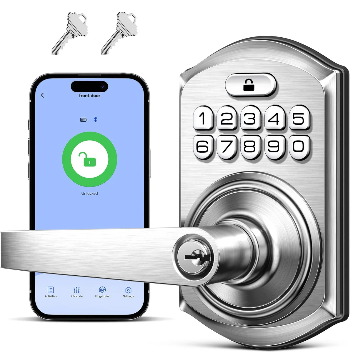 Satin nickel smart keypad lock with handle, rectangular touchpad, black finish, interior thumb turn