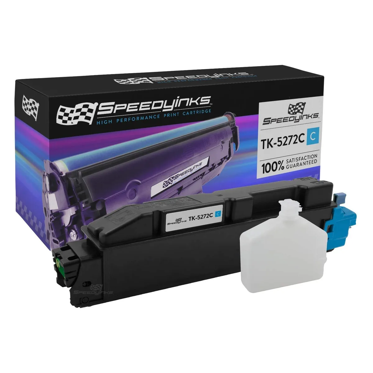 Rectangular cyan toner cartridge in sealed packaging