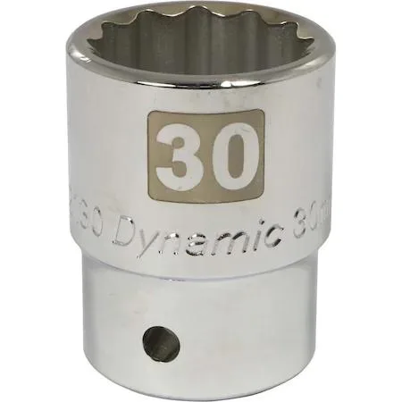 Chrome-finish 30mm 12-point socket with 3/4" drive, knurled ring and laser-etched markings