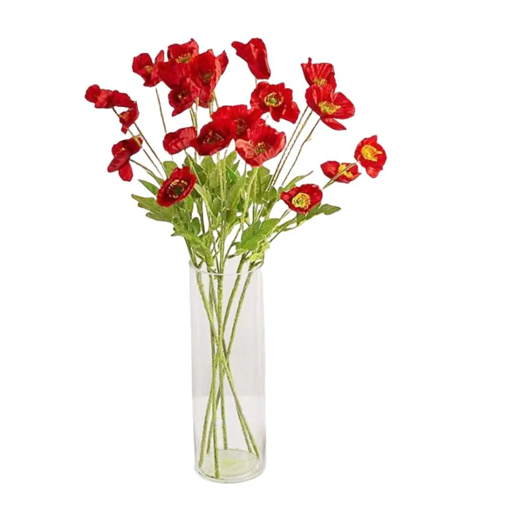 Six red silk poppy stems in a bottle vase, 23.6 inches tall