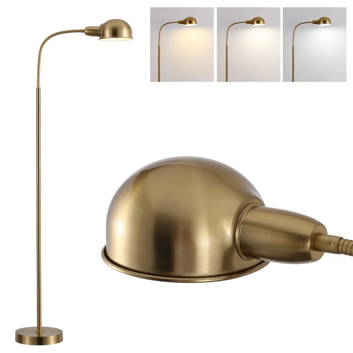 Gold floor lamp with matte finish, 10 inch weighted base, 360 degree rotatable shade and adjustable gooseneck