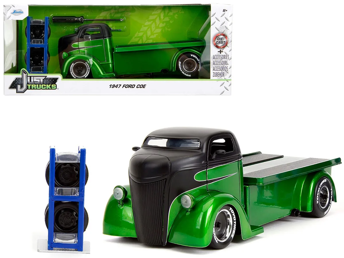 Jada Jada 1947 Ford COE Flatbed Truck Green Metallic Matt Black Toyo Tires 1/24 Diecast — product photo