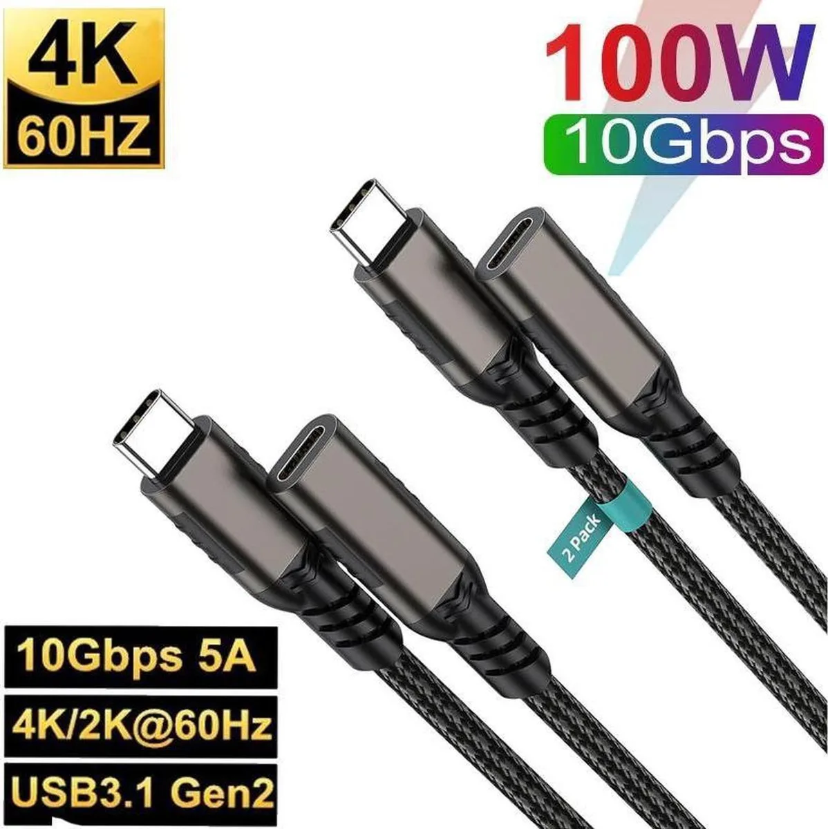 SMUGDESK SMUGDESK USB C Extension Cable 2-Pack 6.6Ft 10Gbps 100W 4K — product photo