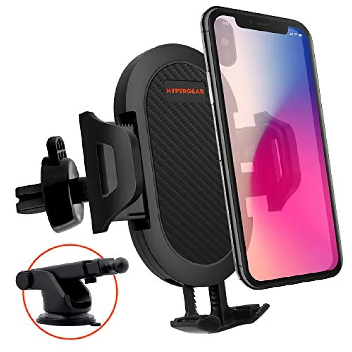 Black plastic phone cradle with adjustable side arms and extendable foot