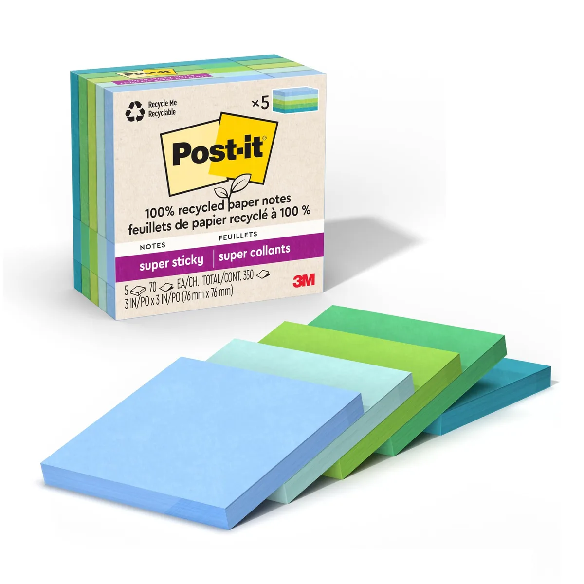 Twelve square pads of pastel sticky notes in a paperboard carton