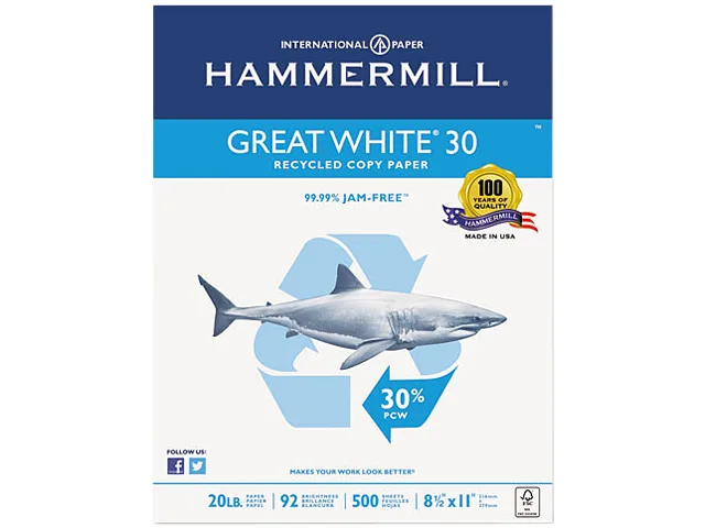 Hammermill Hammermill 86700 Great White 30 Recycled Copy Paper 92 Bright 20lb 8-1/2 x 11 5000 Sheets — product photo