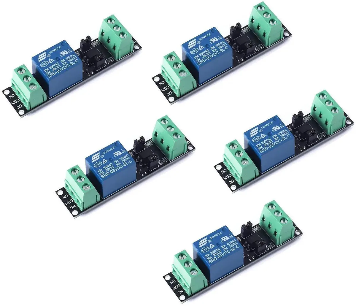 Five small green circuit boards each with a blue relay cube and white terminal blocks