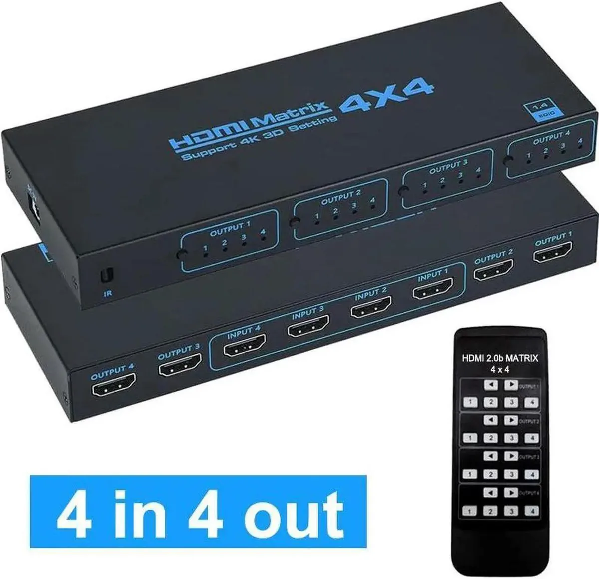 Black rectangular box with four HDMI ports on each side and an IR remote control