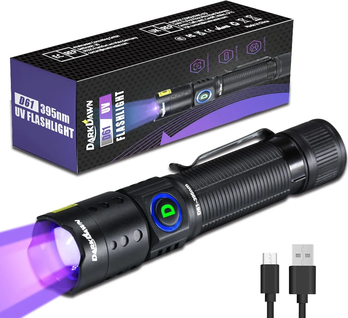 Compact UV flashlight with USB-C charging port