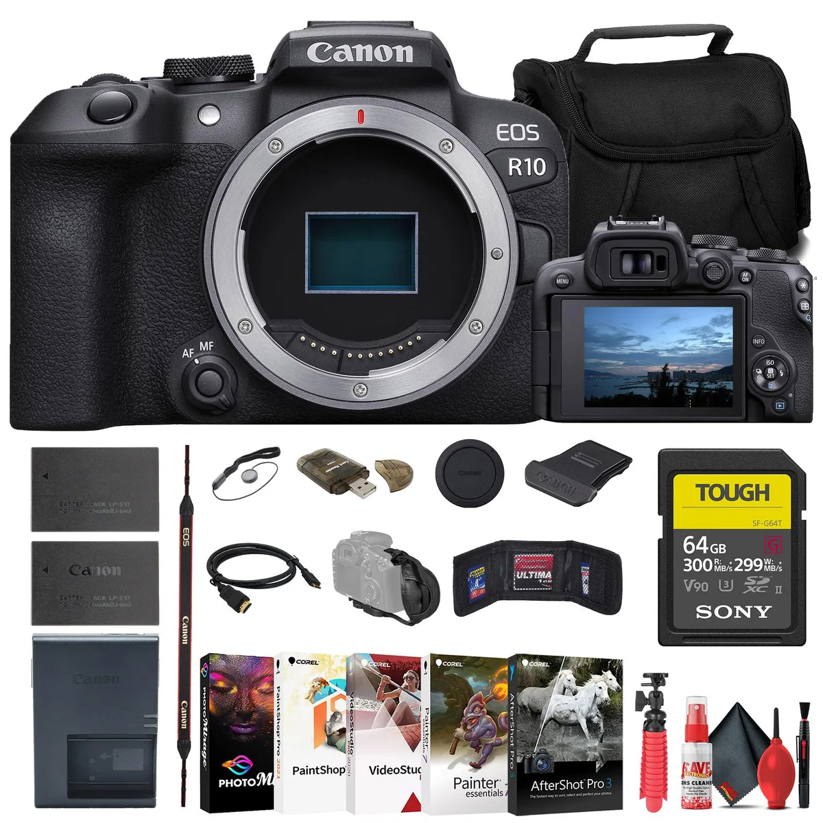 Canon Canon EOS R10 compact mirrorless camera bundle with 64GB SD card, bag, charger, accessories — product photo
