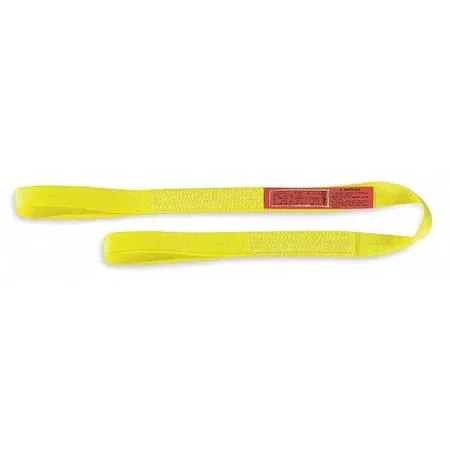 Yellow polyester web sling, flat woven, 18 ft long with 10 in eye loops, 2 in wide, 2 ply construction