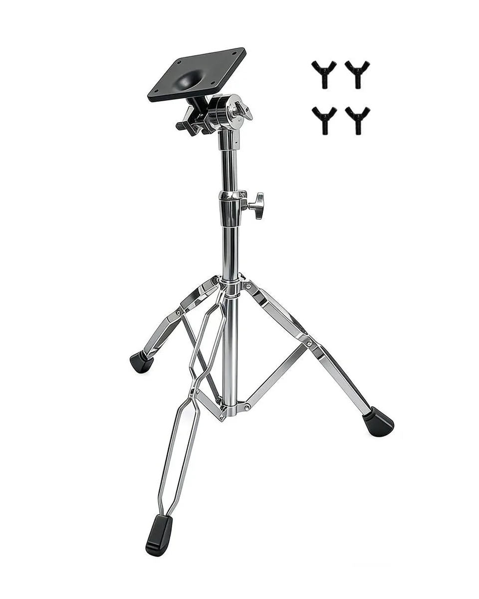 Chrome-plated steel electronic mounting stand with double-braced legs, rubber feet, ABS mounting plate and 270° tilt clamp