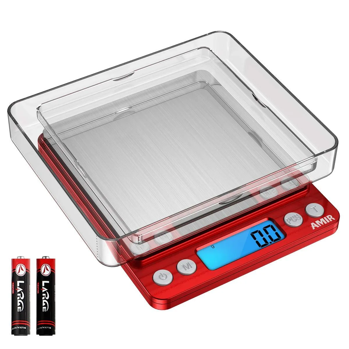 Red pocket digital scale with back-lit LCD, stainless platform, two trays, 0.1 g resolution up to 3000 g