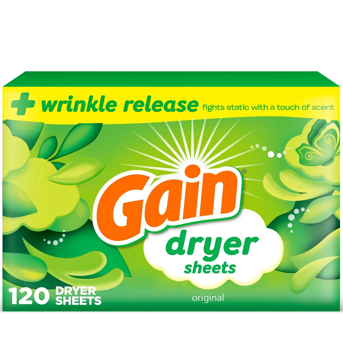 Cardboard box containing 120 Gain Original Scent dryer sheets