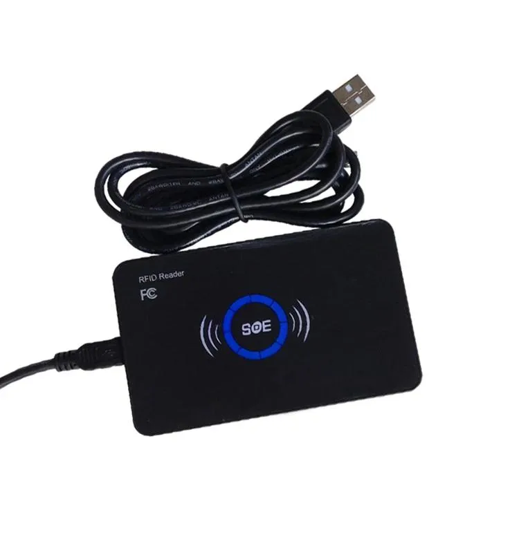 Small rectangular RFID reader with USB cable, matte finish