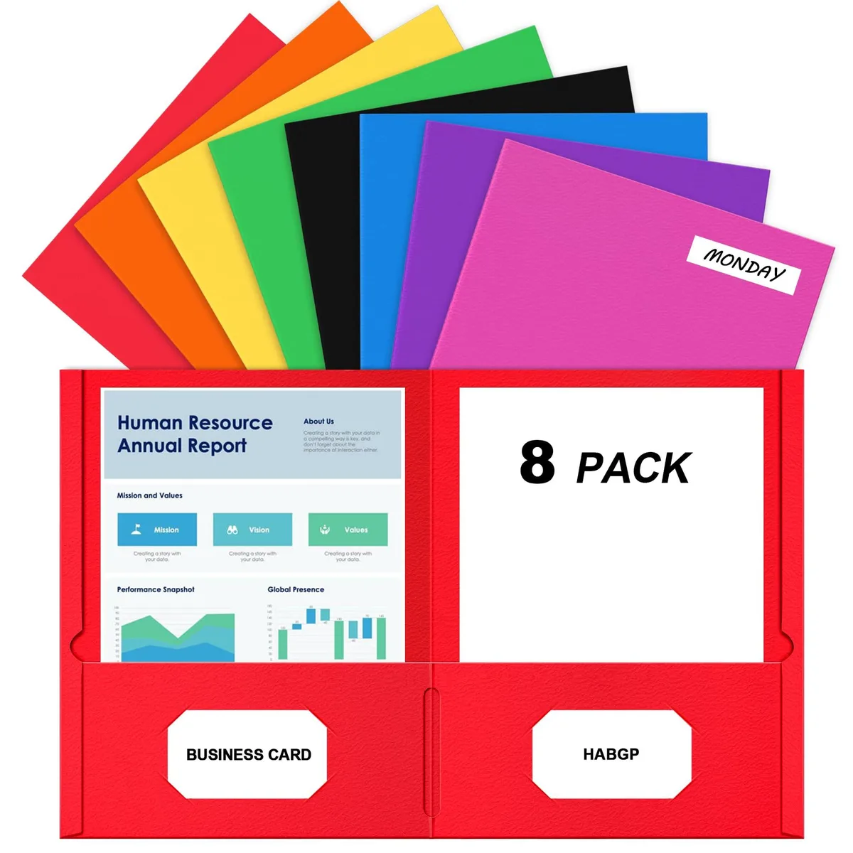 Eight coloured two-pocket paper folders in a flat stack