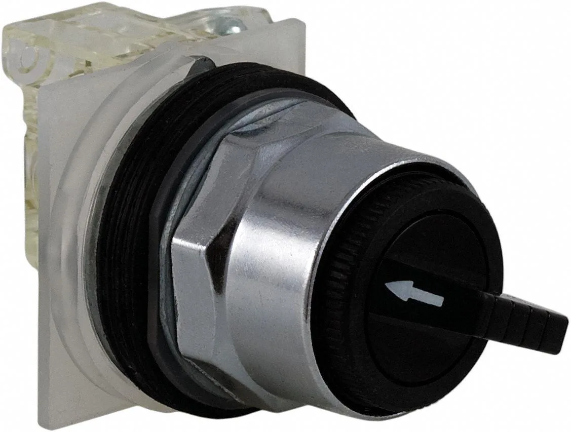 Black 30 mm selector switch with lever operator, three-position momentary-maintained-momentary action