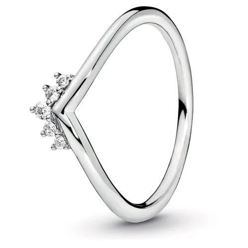 Sterling silver wishbone ring with five claw-set cubic zirconia forming a tiara crown