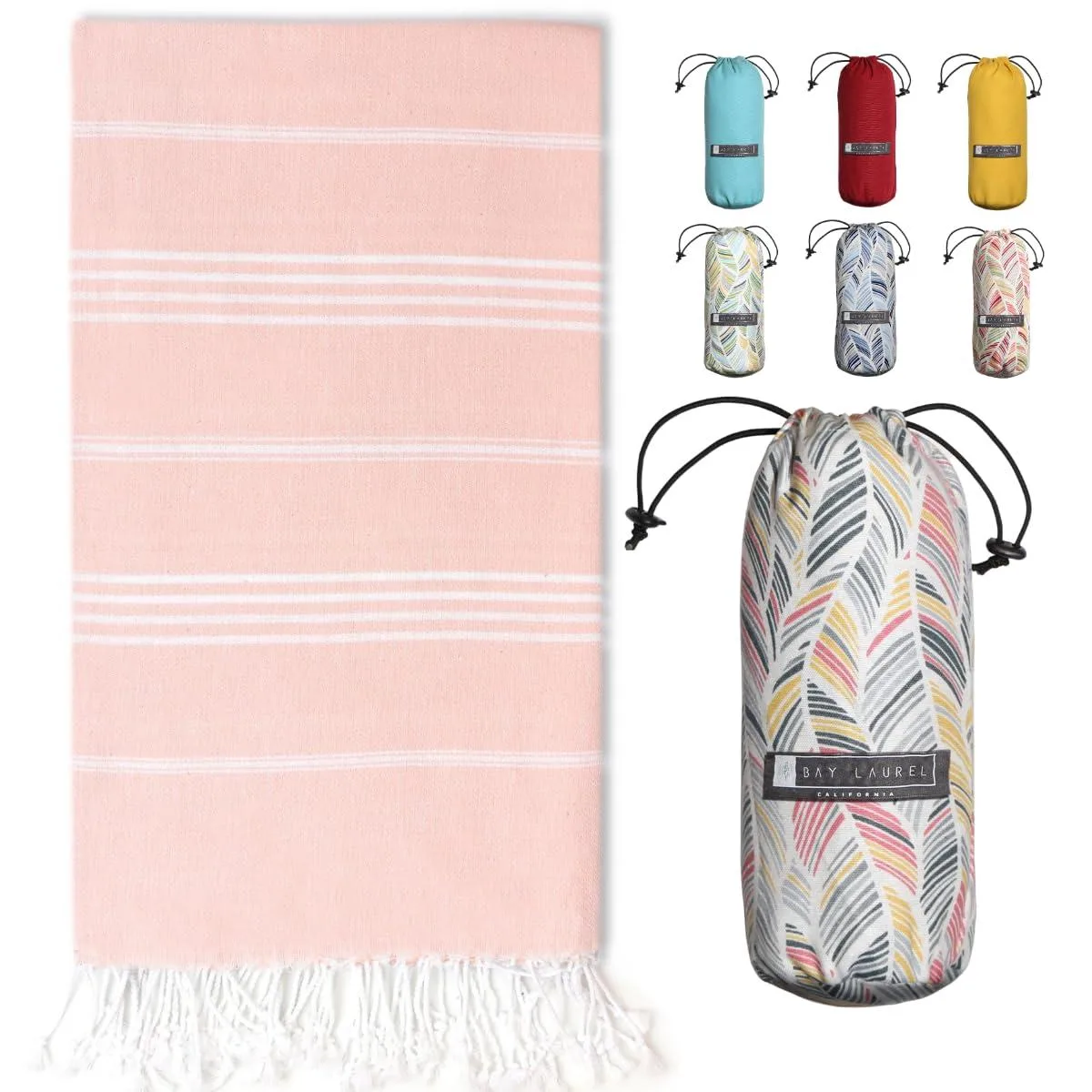 Two blush striped Turkish bath towels with floral travel bag