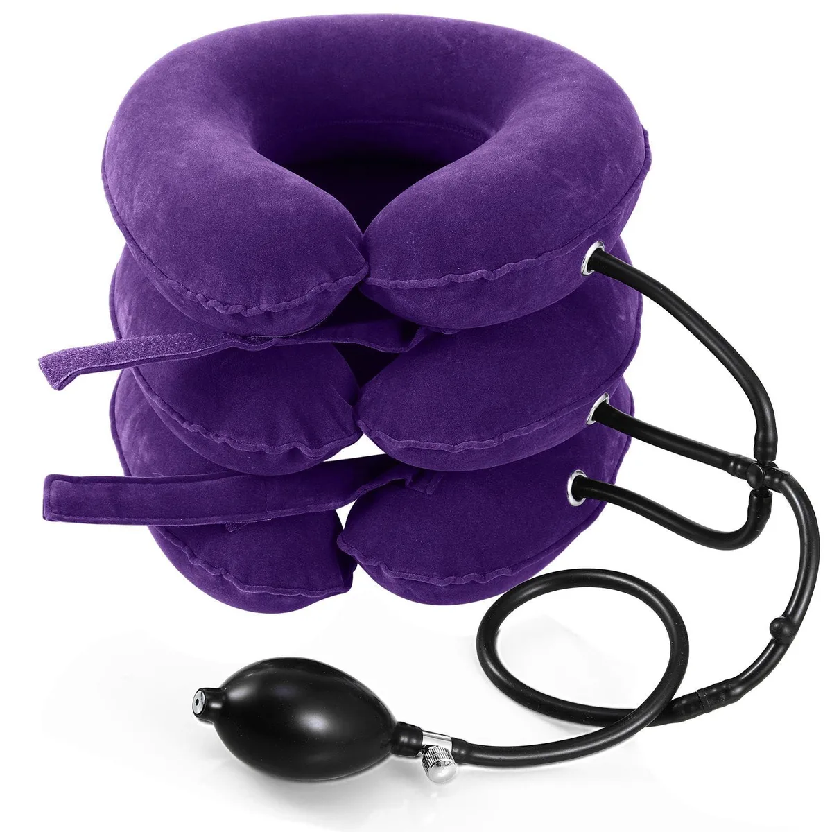 Black inflatable neck traction brace, adjustable cervical stretcher, foldable design