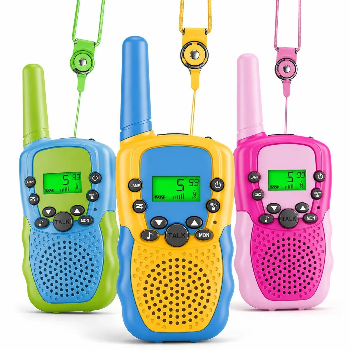 Three small two-way radios with backlit LCD screens, belt clips and LED flashlights