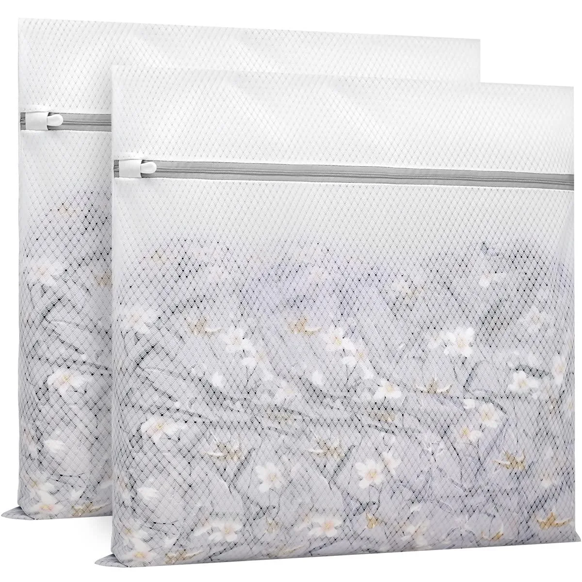 Two white diamond mesh laundry bags with zippers, 24 by 24 inches