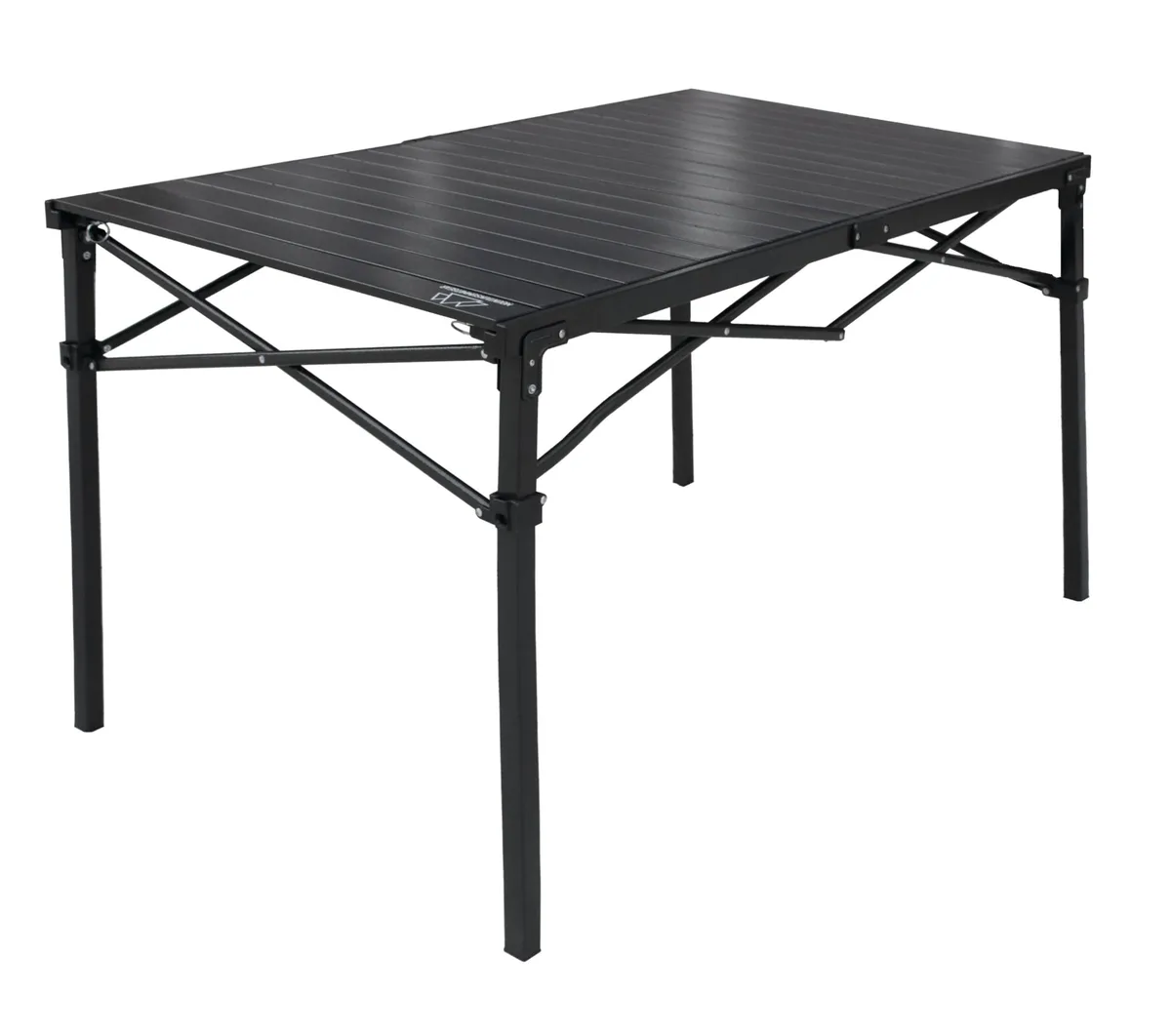 Large silver aluminium roll-top table on black steel frame, folded in carry bag