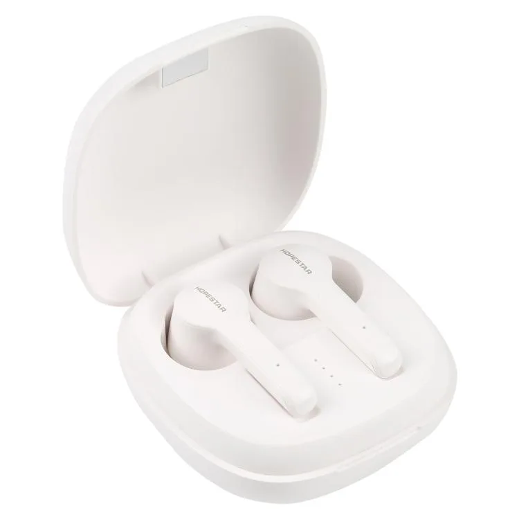 Pair of white true wireless earbuds in matching charging case