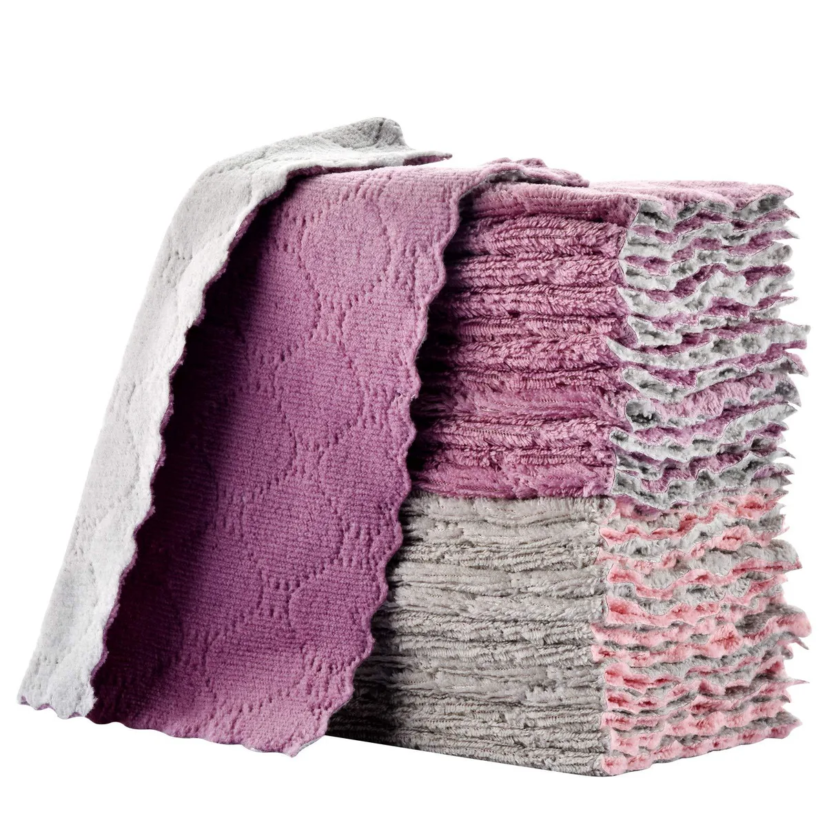 Eleven small coral-fleece cloths folded in a stack